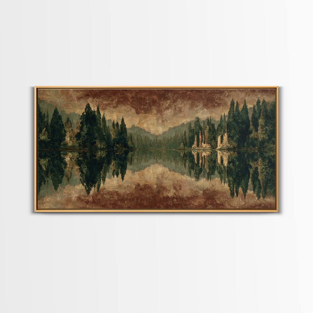 Mountain Lake with Pine Forest Reflection Framed Canvas Print, Traditional Art, Canvas, Living Room Decor, Fine Art, Classic, TRA-2x1-29