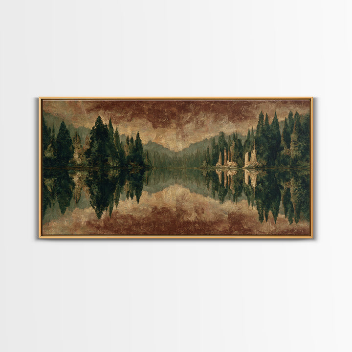 Mountain Lake with Pine Forest Reflection Framed Canvas Print, Traditional Art, Canvas, Living Room Decor, Fine Art, Classic, TRA-2x1-29