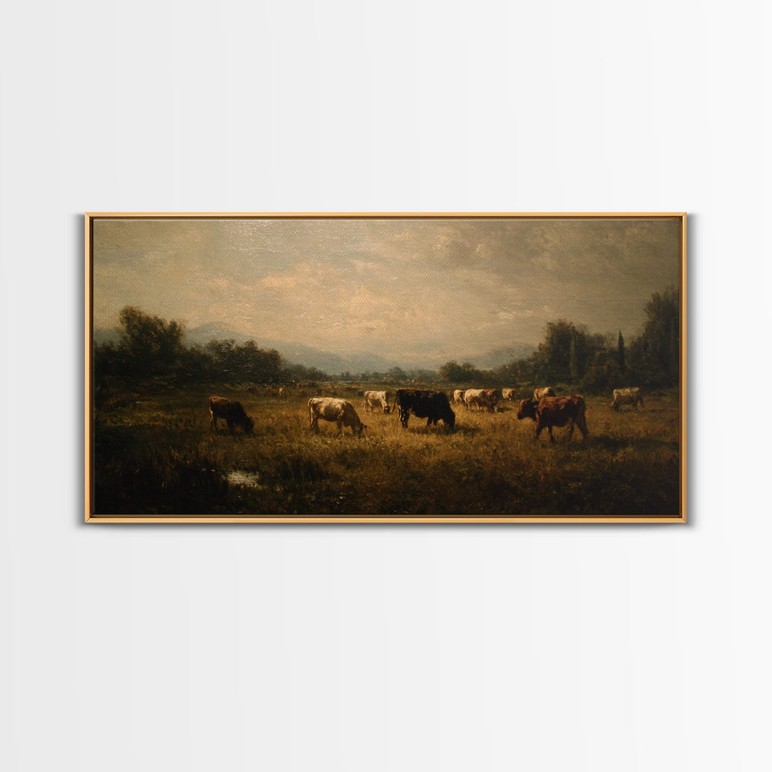 Pastoral Countryside with Cows in Field Framed Canvas Print, Traditional Art, Artwork, Living Room Decor, Fine Art, Classic, TRA-2x1-3