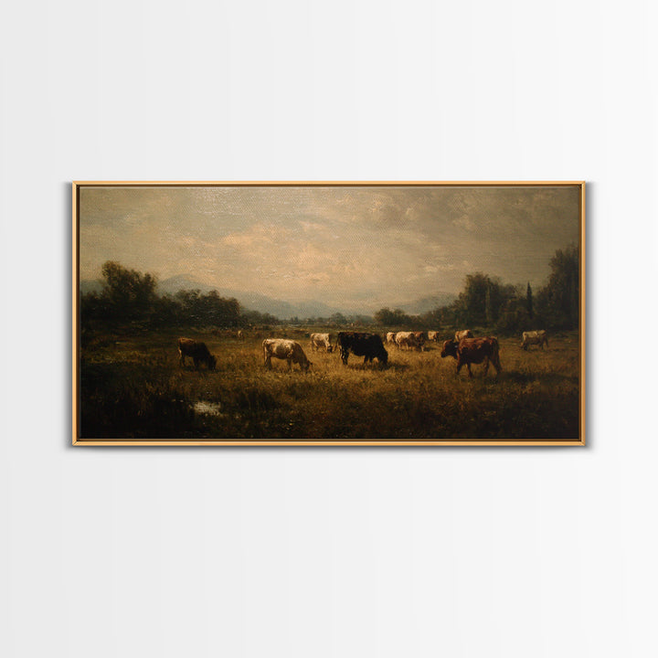 Pastoral Countryside with Cows in Field Framed Canvas Print, Traditional Art, Artwork, Living Room Decor, Fine Art, Classic, TRA-2x1-3