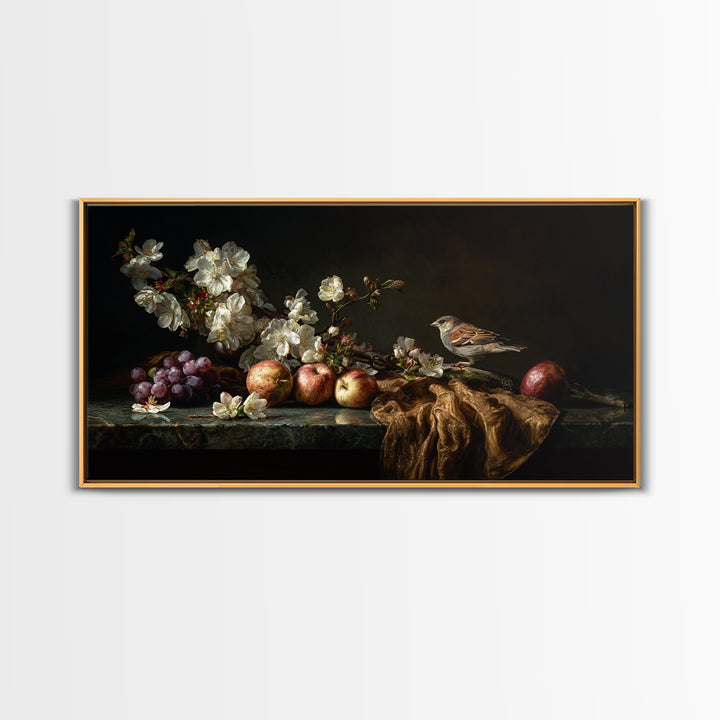 Bird Study on a Flowering Branch Framed Canvas Print, Traditional Art, Minimalist Decor, Living Room Decor, Oil Painting, TRA-2x1-30