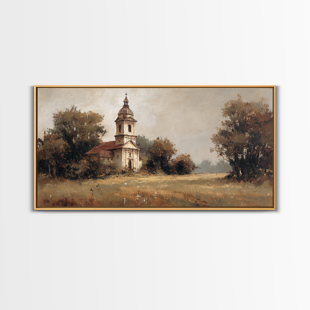 Church Steeple Across Rural Meadow Framed Canvas Print, Traditional Art, Wall Decor, Living Room Decor, Fine Art, Classic, TRA-2x1-33