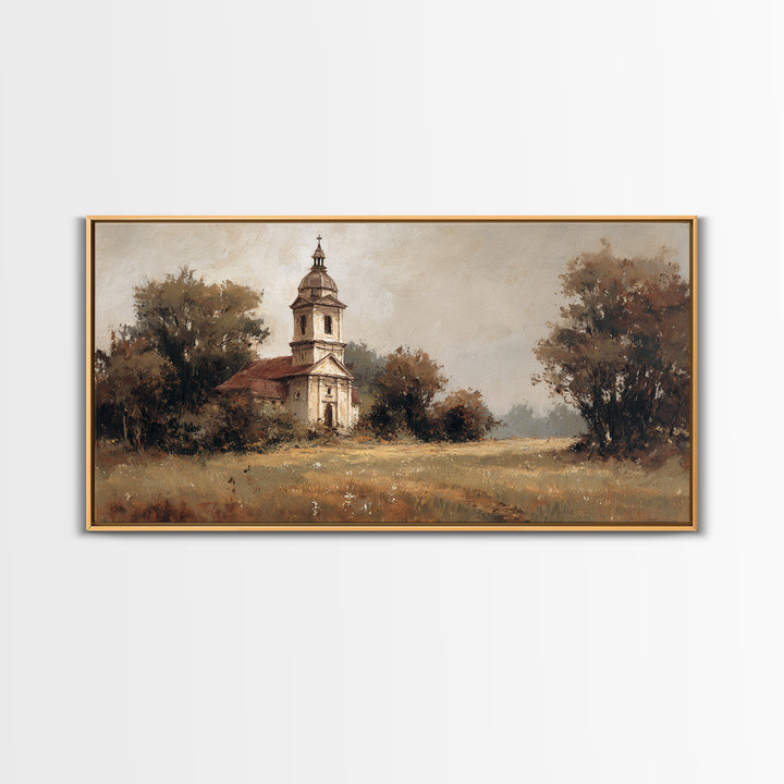 Church Steeple Across Rural Meadow Framed Canvas Print, Traditional Art, Wall Decor, Living Room Decor, Fine Art, Classic, TRA-2x1-33
