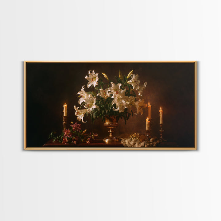 White Lilies on Dark Background Framed Canvas Print, Traditional Art, Wall Art, Living Room Decor, Oil Painting, Classic, TRA-2x1-35