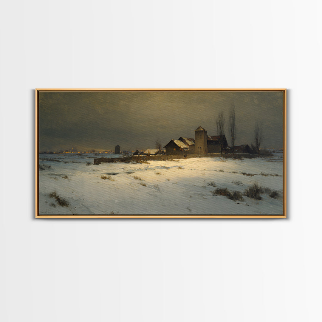 Snowy Village Landscape at Twilight Canvas Print, Traditional Art, Art Print, Living Room Decor, Fine Art, Classic, Custom Art, TRA-2x1-39