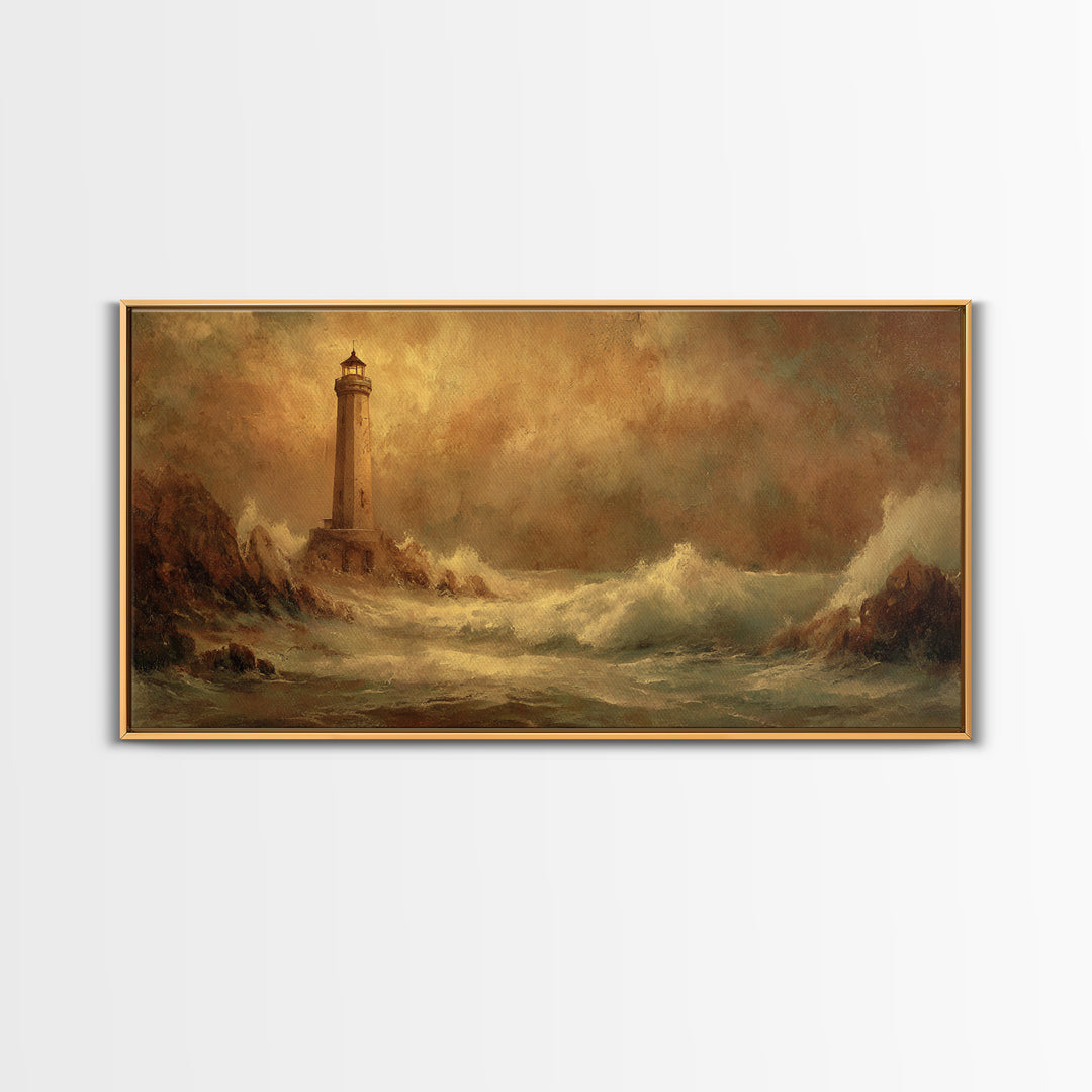 Lighthouse with Crashing Waves Canvas Print, Traditional Art, Decor, Living Room Decor, Fine Art, Classic, Japanese Art, TRA-2x1-41