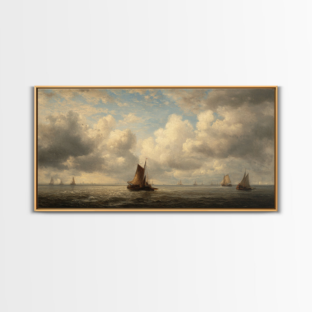 Seascape with Sailboats and Cloudy Sky Canvas Print, Traditional Art, Original Art, Living Room Decor, Fine Art, Classic, TRA-2x1-49