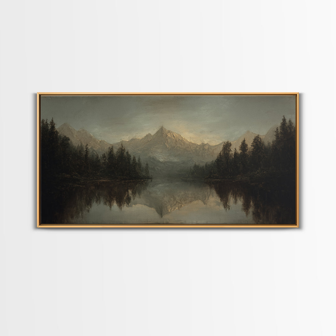 Mountain Lake with Pine Forest Reflection Framed Canvas Print, Traditional Art, Canvas, Living Room Decor, Fine Art, Classic, TRA-2x1-5