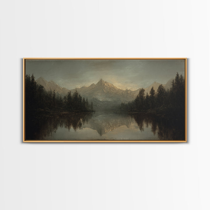 Mountain Lake with Pine Forest Reflection Framed Canvas Print, Traditional Art, Canvas, Living Room Decor, Fine Art, Classic, TRA-2x1-5