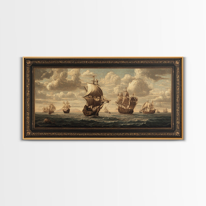 Ship at Sea Canvas Print, Traditional Art, Painting, Living Room Decor, Fine Art, Classic, Art Commissions, Japanese Art, TRA-2x1-58