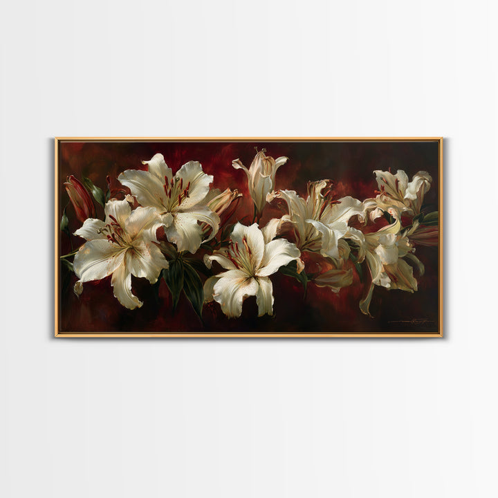 White Lilies on Dark Background Framed Canvas Print, Traditional Art, Indian Wall Art, Living Room Decor, Watercolor Art, TRA-2x1-59