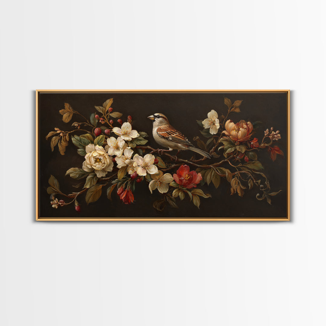 Bird Study on a Flowering Branch Framed Canvas Print, Traditional Art, Minimalist Decor, Living Room Decor, Oil Painting, TRA-2x1-6