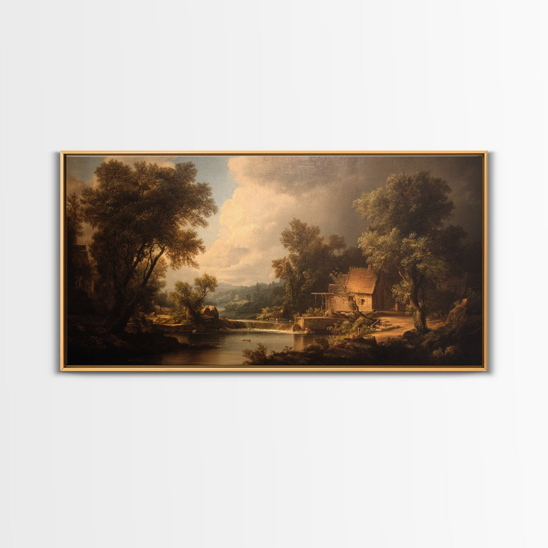 Watermill Beside a Quiet Stream Canvas Print, Traditional Art, Boho, Living Room Decor, Fine Art, Classic, Indian Wall Art, TRA-2x1-61
