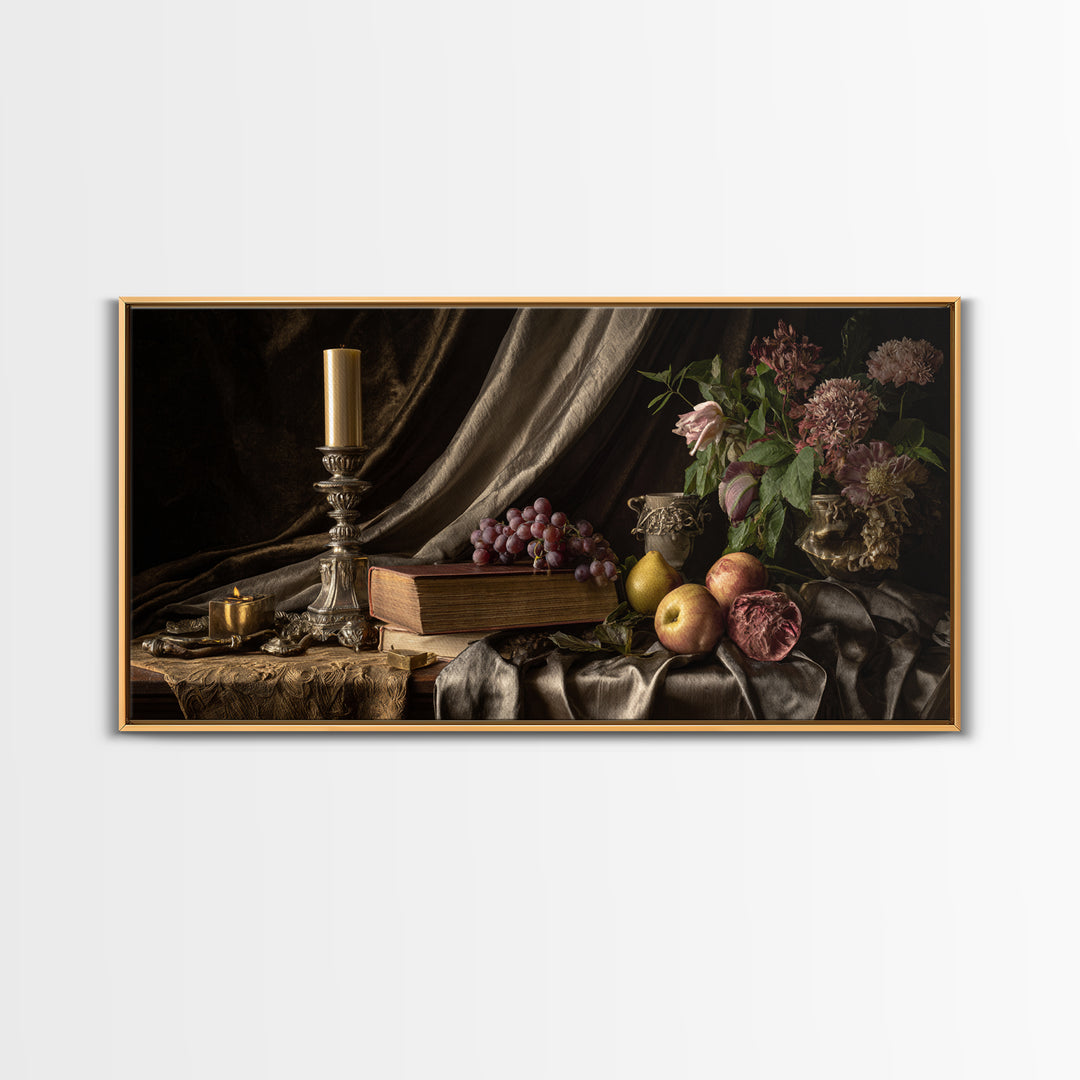 Still Life of Books Candle and Fruit Canvas Print, Traditional Art, Digital Art, Living Room Decor, Fine Art, Classic, TRA-2x1-64