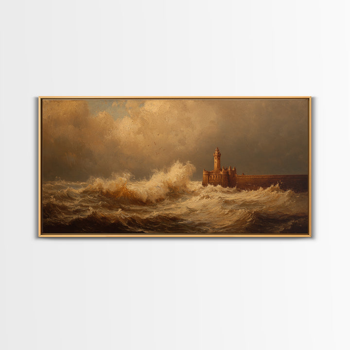Lighthouse with Crashing Waves Framed Canvas Print, Traditional Art, Wall Hanging, Living Room Decor, Abstract Art, Classic, TRA-2x1-65