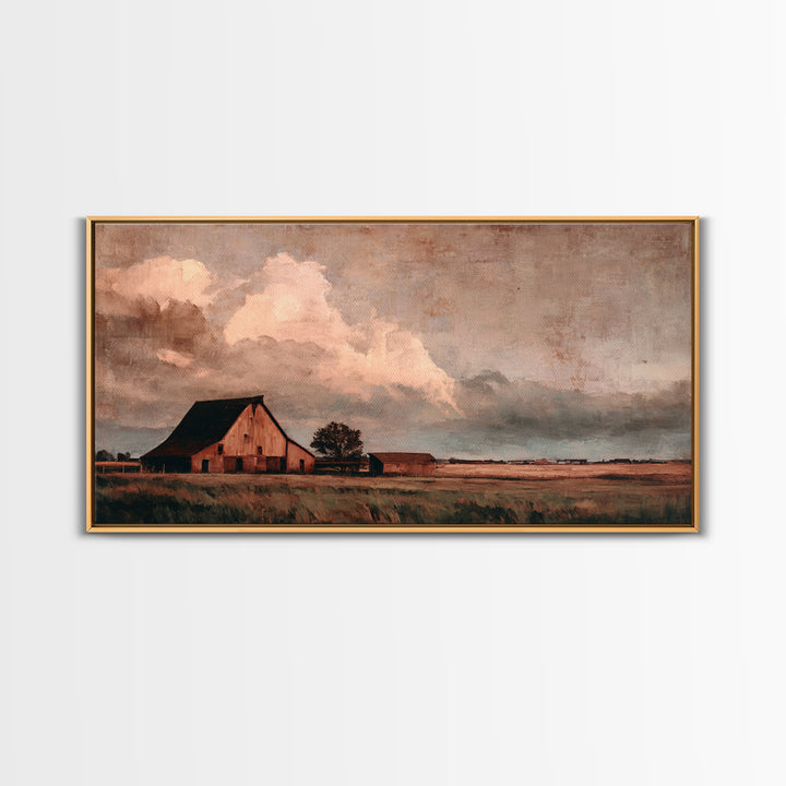 Barn and Farmland Framed Canvas Print, Traditional Art, Gallery Decor, Living Room Decor, Fine Art, Classic, Wall Art, TRA-2x1-67