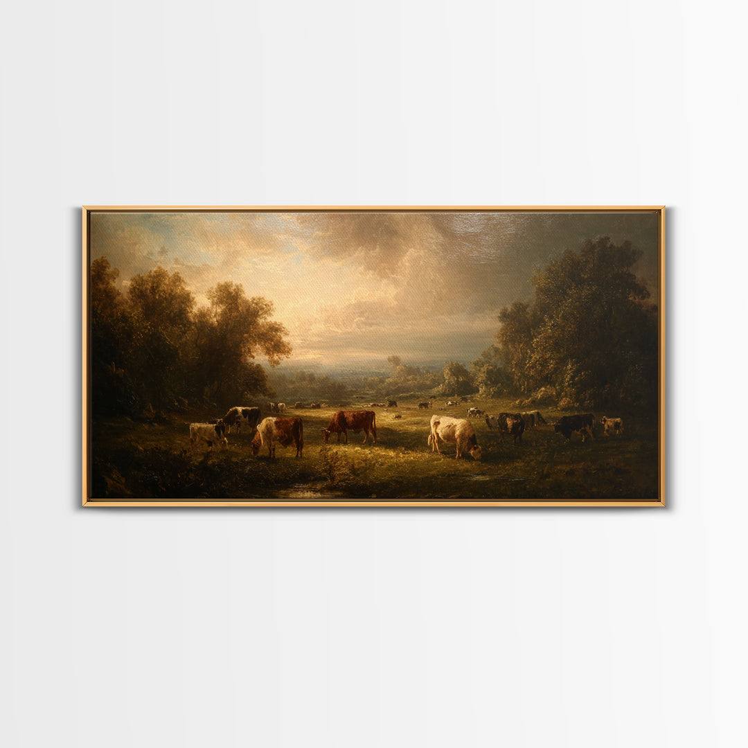 Pastoral Countryside with Cows in Field Framed Canvas Print, Traditional Art, Room Decor, Living Room Decor, Fine Art, Classic, TRA-2x1-75