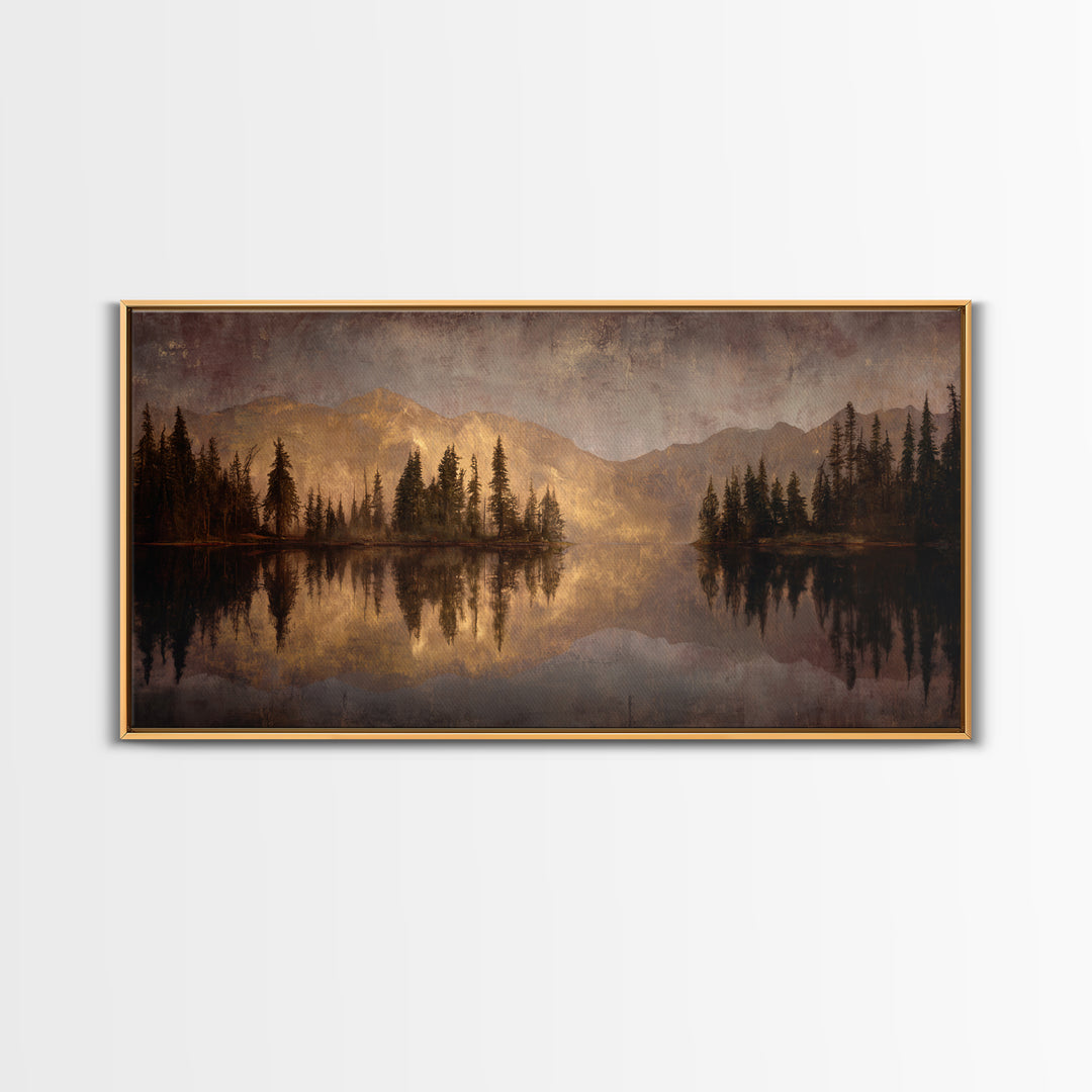 Mountain Lake with Pine Forest Reflection Canvas Print, Traditional Art, Digital Print, Living Room Decor, Fine Art, Classic, TRA-2x1-77