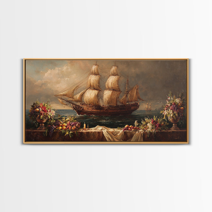 Ship at Sea Canvas Print, Traditional Art, Painting, Living Room Decor, Fine Art, Classic, Art Commissions, Japanese Art, TRA-2x1-82