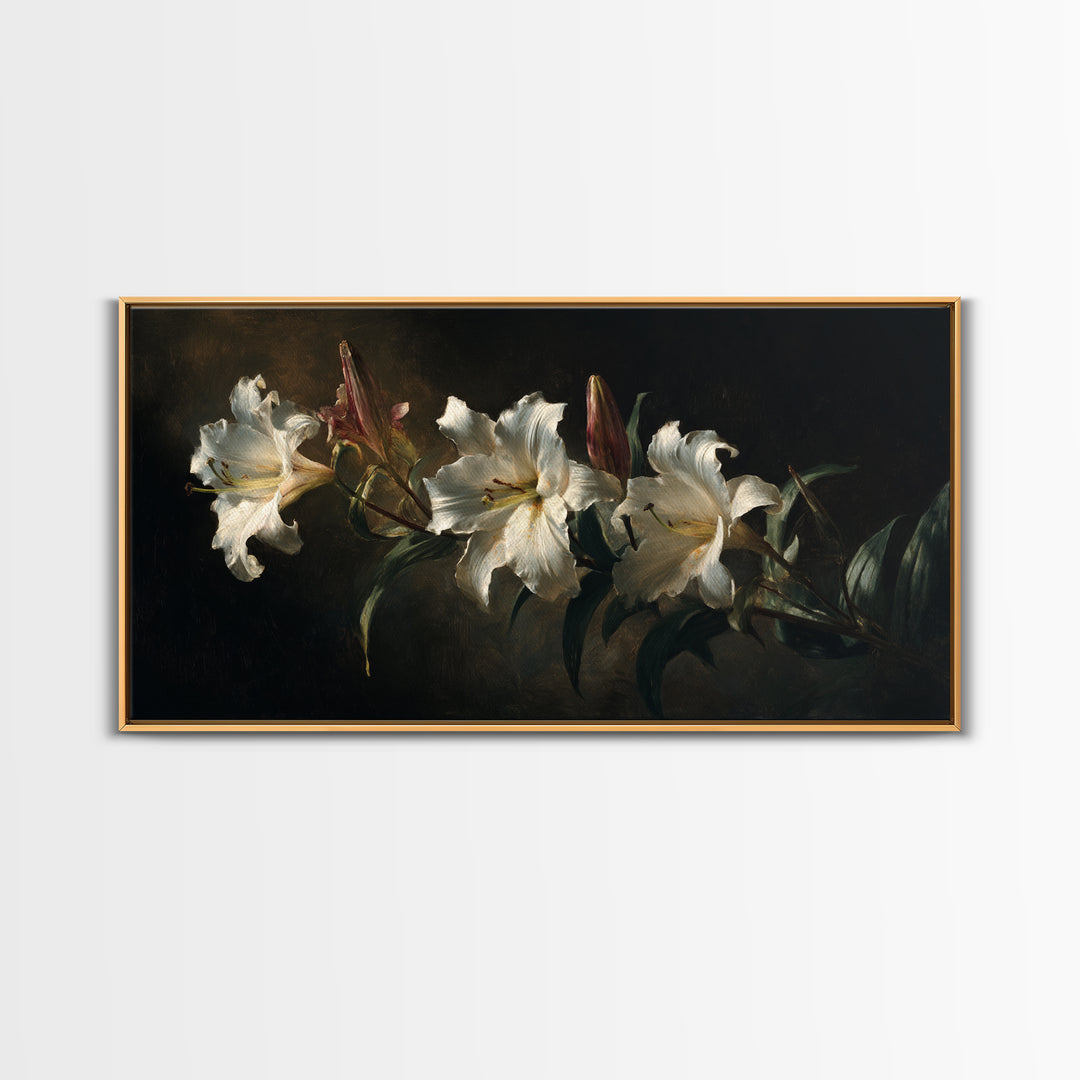 White Lilies on Dark Background Framed Canvas Print, Traditional Art, Art, Living Room Decor, Fine Art, Classic, Printable Art, TRA-2x1-83