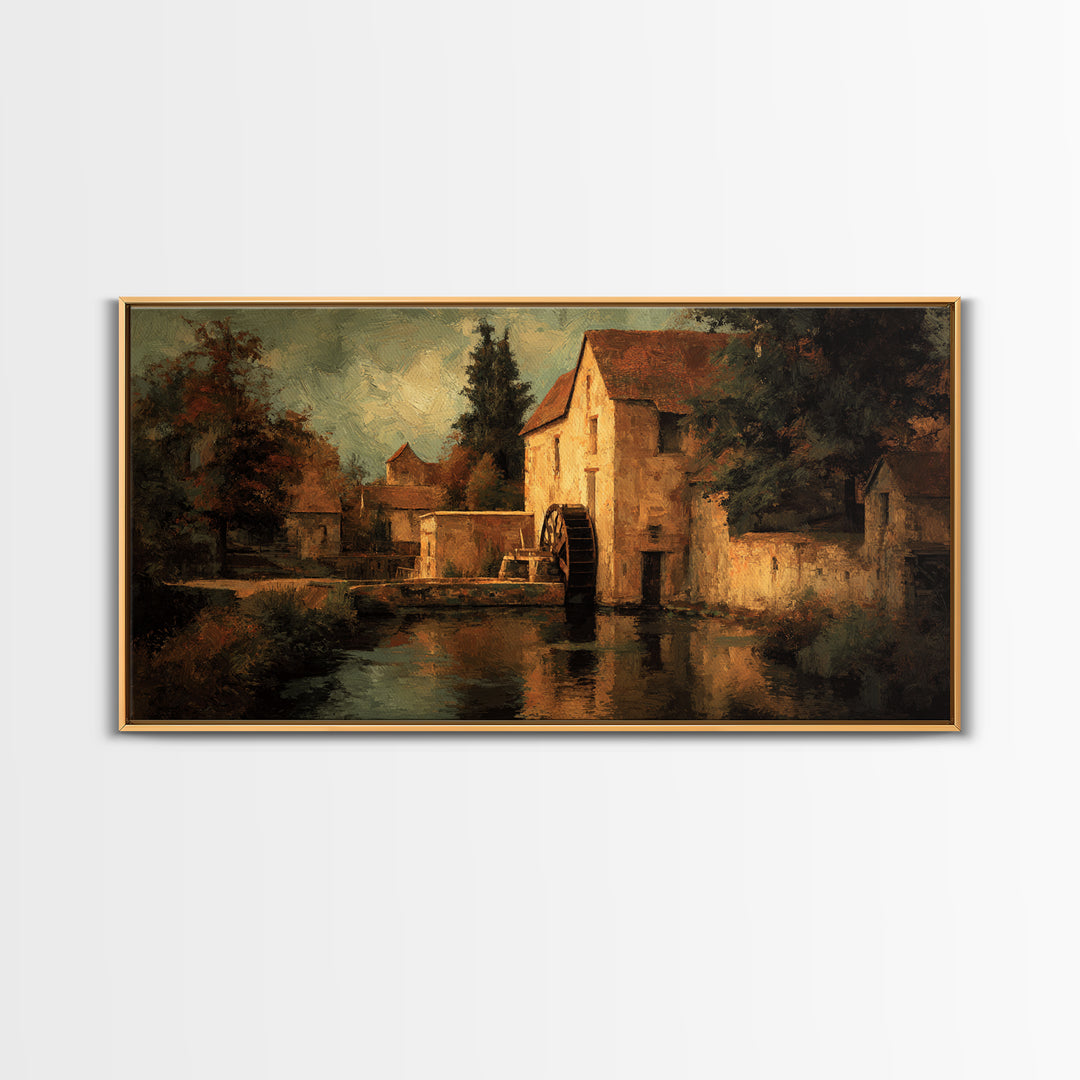 Watermill Beside a Quiet Stream Framed Canvas Print, Traditional Art, Living Room Decor, Fine Art, Classic, Dark Art, TRA-2x1-85