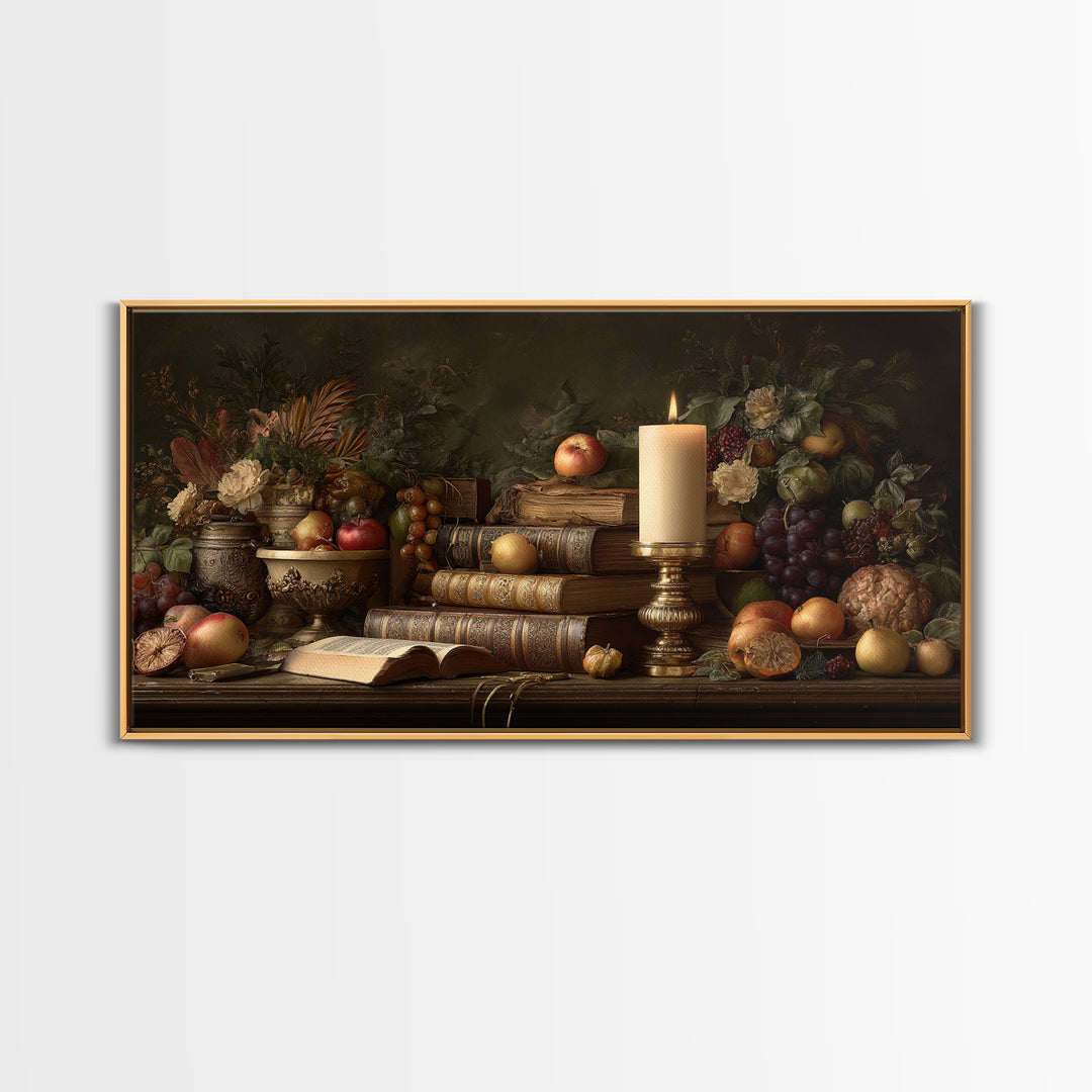 Still Life of Books Candle and Fruit Framed Canvas Print, Traditional Art, Original Art, Living Room Decor, Fine Art, Classic, TRA-2x1-88
