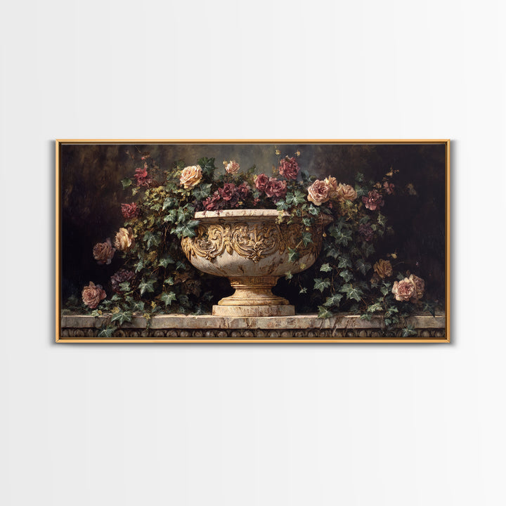 Garden Urn with Roses and Ivy Framed Canvas Print, Traditional Art, Digital Print, Living Room Decor, Watercolor Art, Classic, TRA-2x1-92
