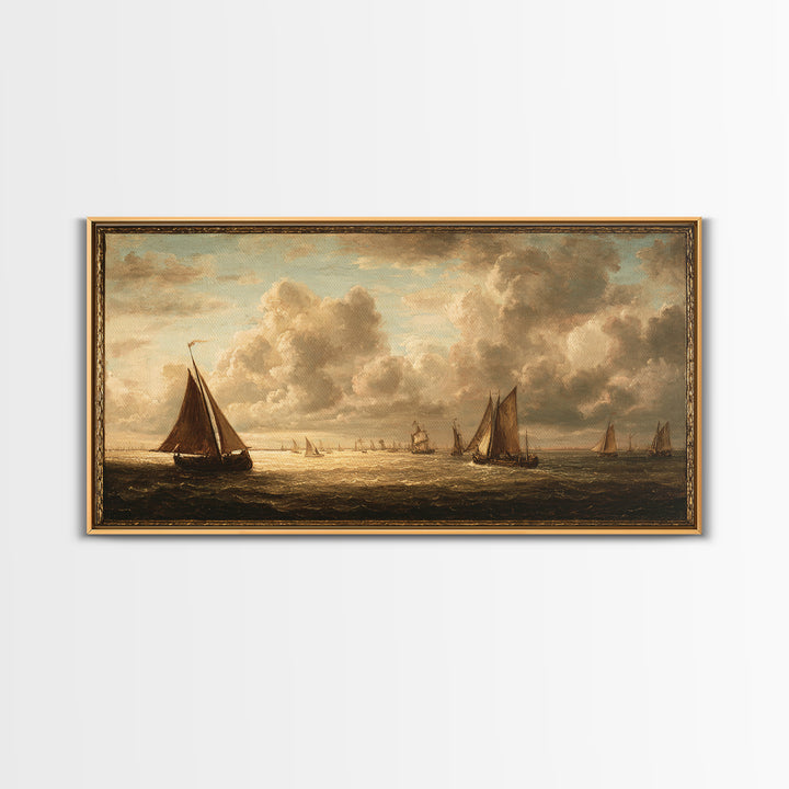 Seascape with Sailboats and Cloudy Sky Framed Canvas Print, Traditional Art, Canvas Print, Living Room Decor, Fine Art, Classic, TRA-2x1-97