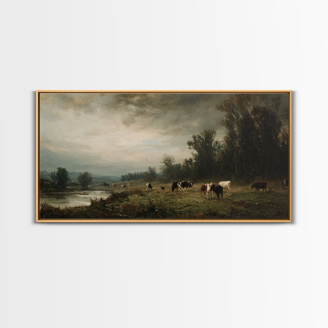 Pastoral Countryside with Cows in Field Framed Canvas Print, Traditional Art, Japanese Art, Living Room Decor, Classic, TRA-2x1-99