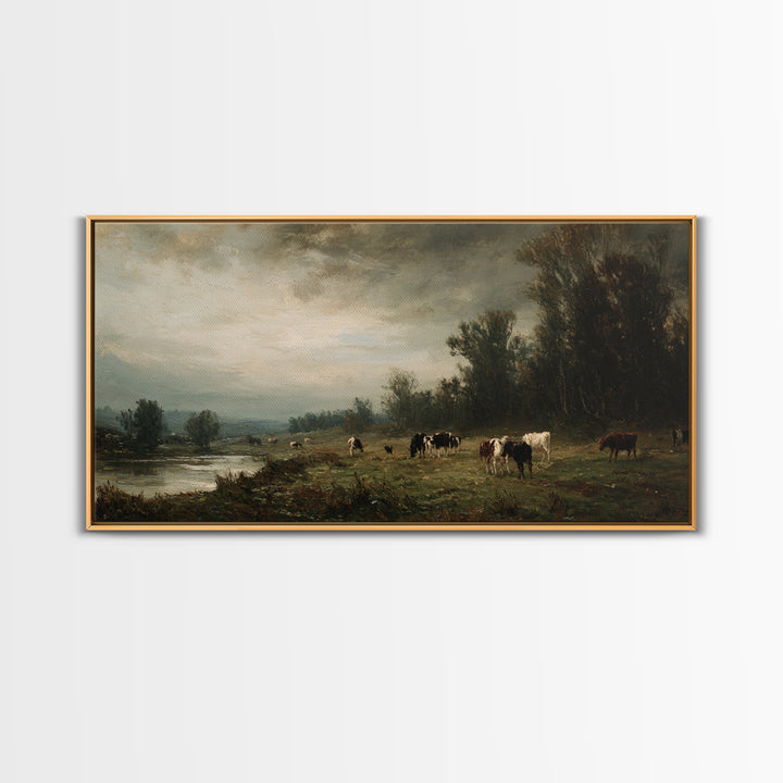 Pastoral Countryside with Cows in Field Framed Canvas Print, Traditional Art, Japanese Art, Living Room Decor, Classic, TRA-2x1-99