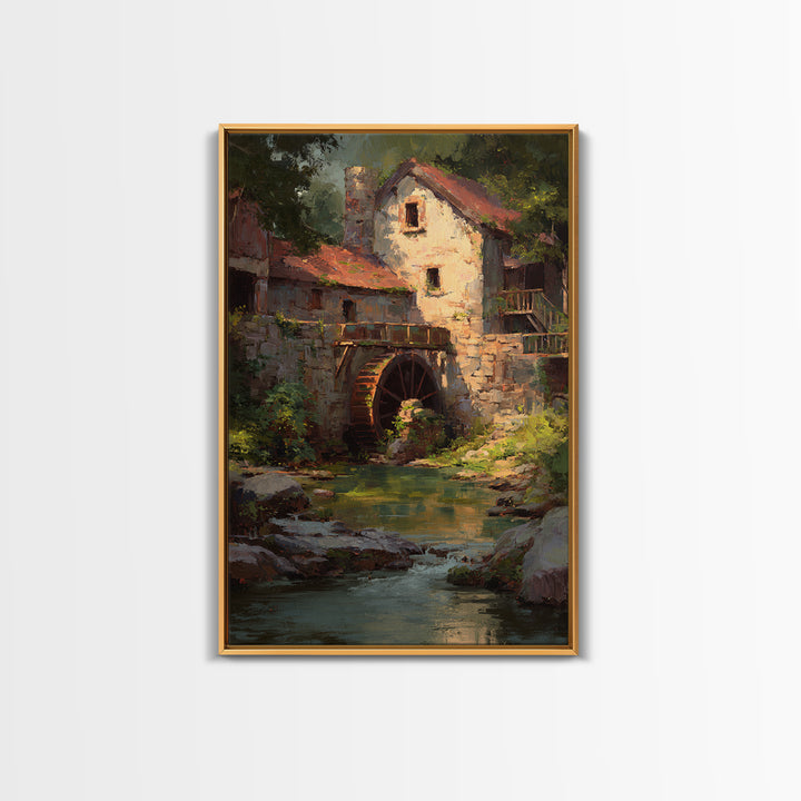 Watermill Beside a Quiet Stream Framed Canvas Print, Traditional Art, Digital Art, Living Room Decor, Fine Art, Classic, TRA-2x3-1