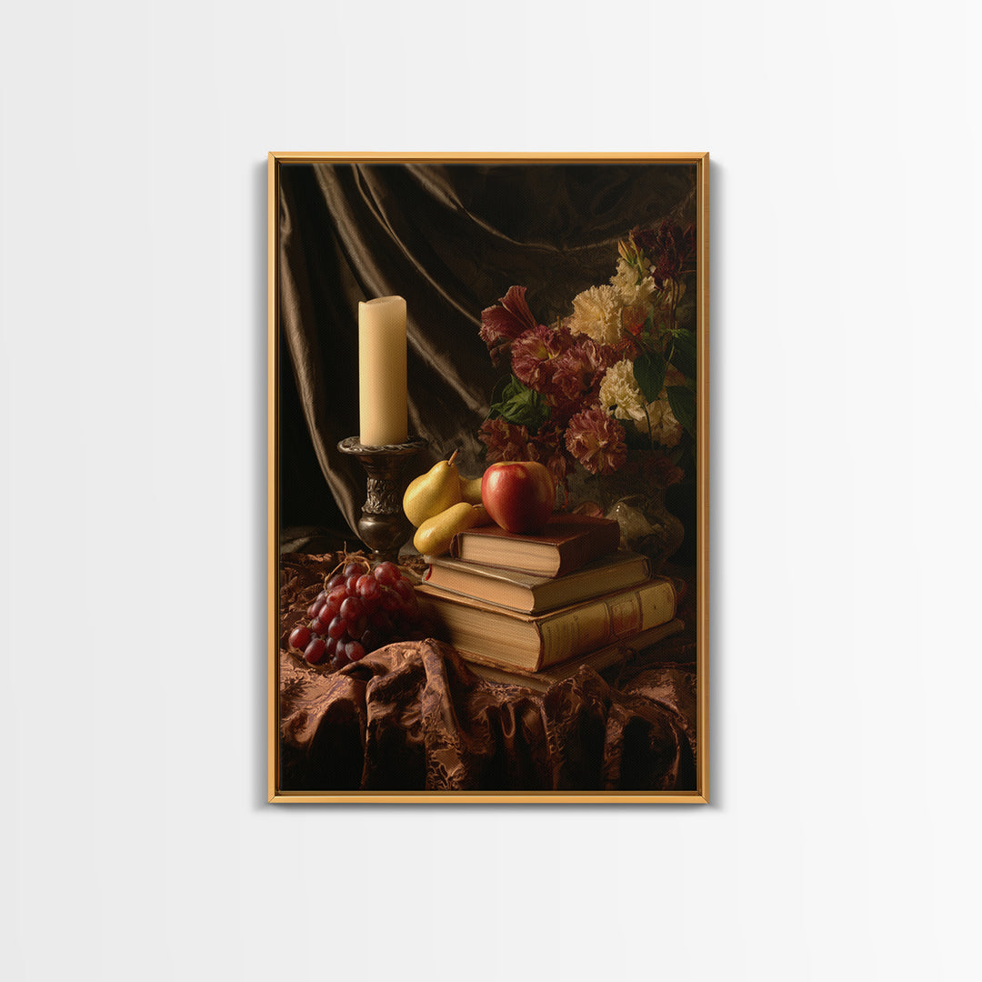 Still Life of Books Candle and Fruit Framed Canvas Print, Traditional Art, Painting, Living Room Decor, Fine Art, Classic, TRA-2x3-100
