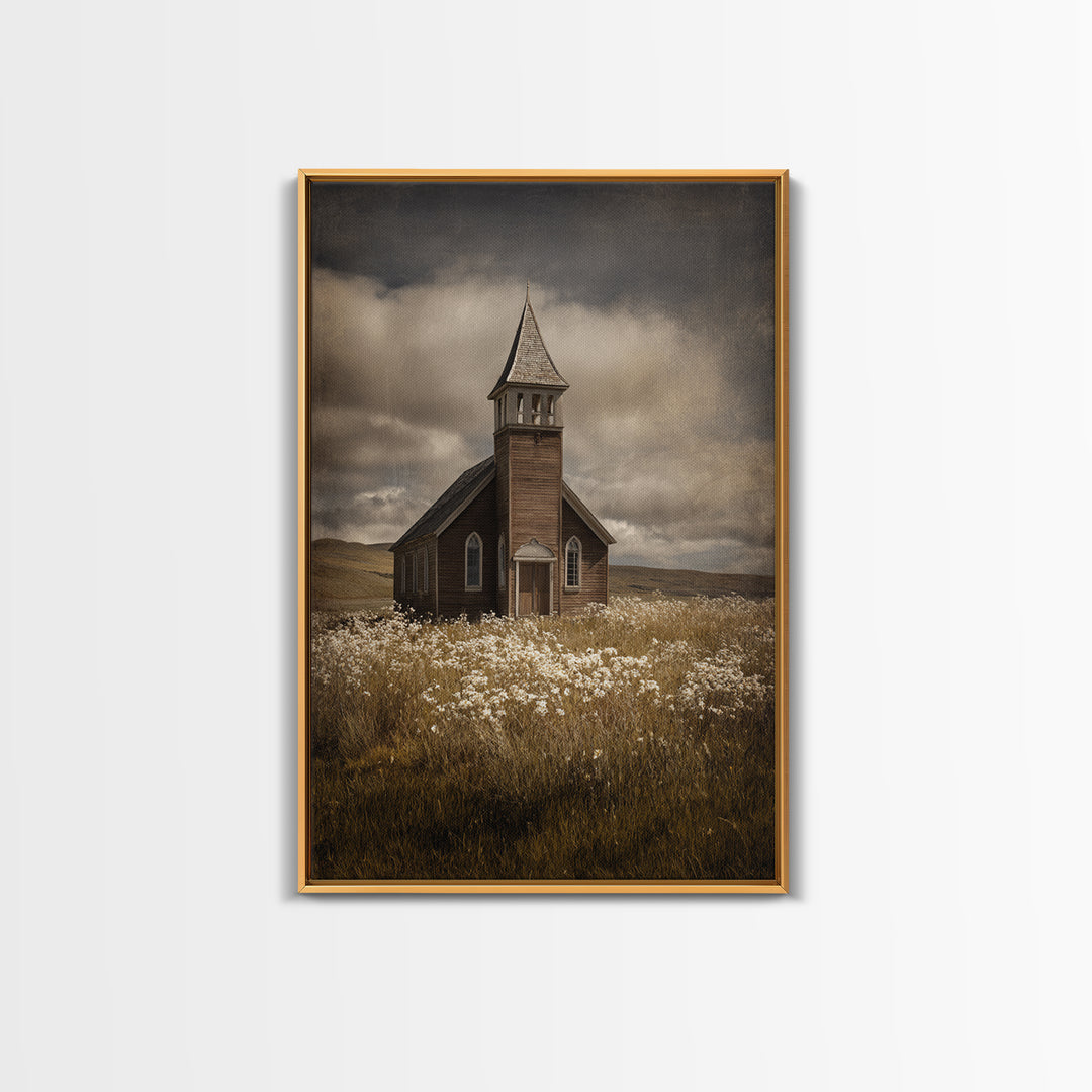 Church Steeple Across Rural Meadow Framed Canvas Print, Traditional Art, Art Print, Living Room Decor, Fine Art, Classic, TRA-2x3-21
