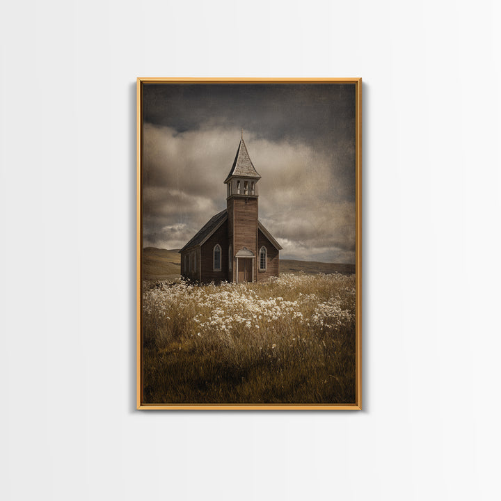 Church Steeple Across Rural Meadow Framed Canvas Print, Traditional Art, Art Print, Living Room Decor, Fine Art, Classic, TRA-2x3-21