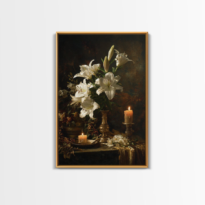 White Lilies on Dark Background Canvas Print, Traditional Art, Decor, Living Room Decor, Fine Art, Classic, Japanese Art, TRA-2x3-23