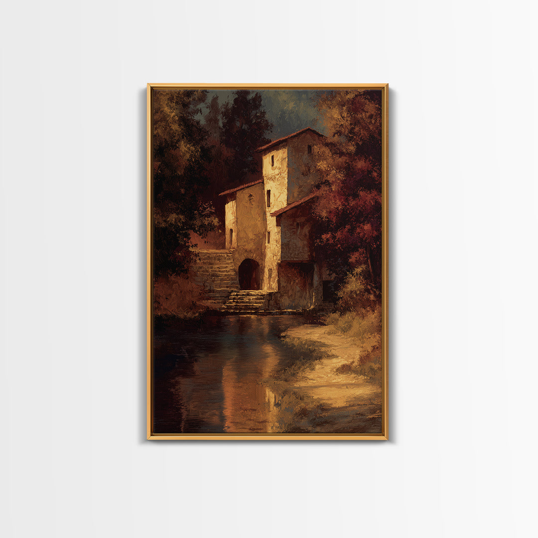 Watermill Beside a Quiet Stream Framed Canvas Print, Traditional Art, Digital Art, Living Room Decor, Fine Art, Classic, TRA-2x3-25