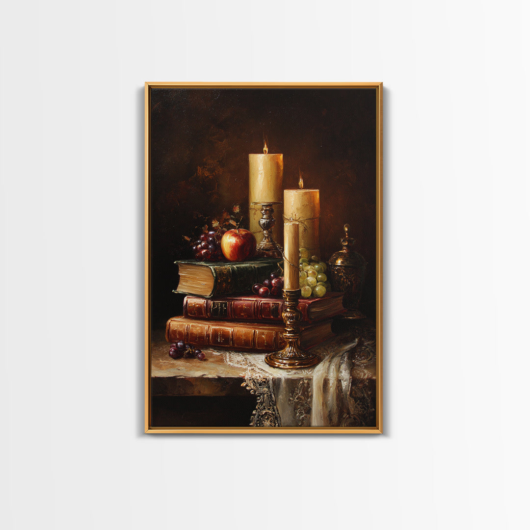 Still Life of Books Candle and Fruit Framed Canvas Print, Traditional Art, Watercolor Art, Living Room Decor, Fine Art, Classic, TRA-2x3-28