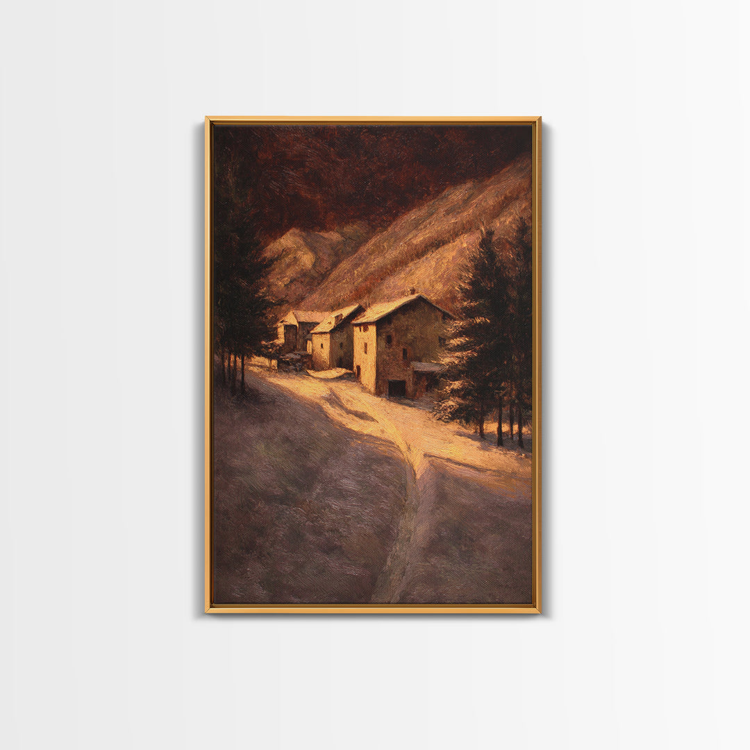 Snowy Village Landscape at Twilight Framed Canvas Print, Traditional Art, Room Decor, Living Room Decor, Fine Art, Classic, TRA-2x3-3