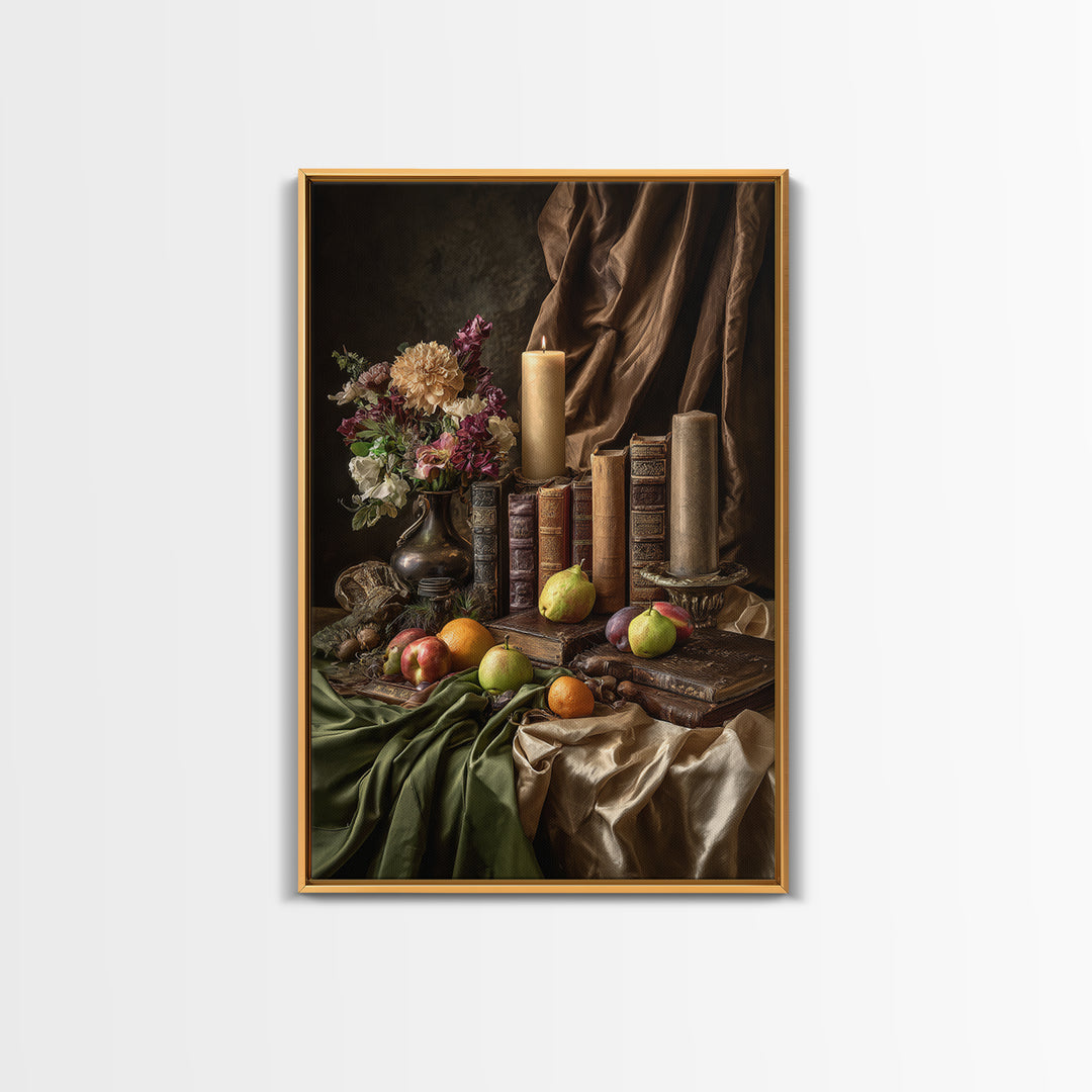Still Life of Books Candle and Fruit Framed Canvas Print, Traditional Art, Contemporary Art, Living Room Decor, Classic, TRA-2x3-4