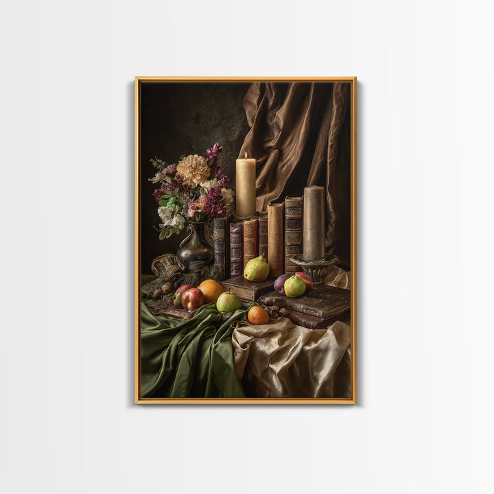 Still Life of Books Candle and Fruit Framed Canvas Print, Traditional Art, Contemporary Art, Living Room Decor, Classic, TRA-2x3-4