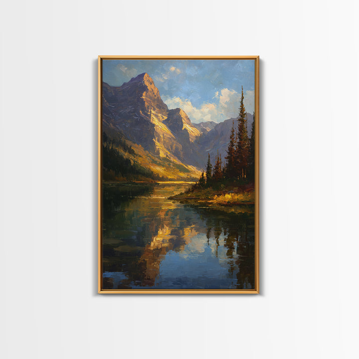 Mountain Lake with Pine Forest Reflection Framed Canvas Print, Traditional Art, Wall Hanging, Living Room Decor, Classic, TRA-2x3-41