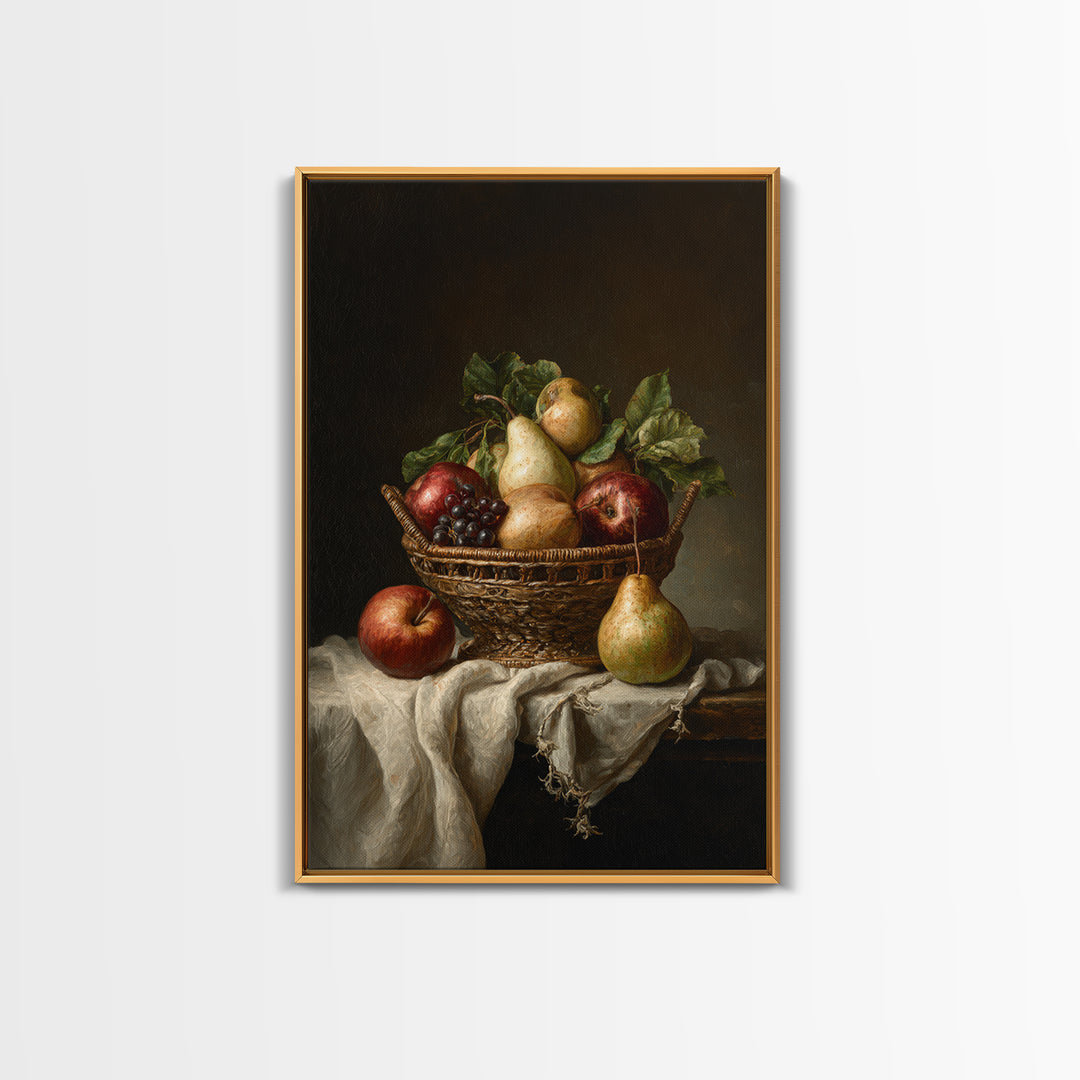 Basket of Apples and Pears on Linen Canvas Print, Traditional Art, Art, Living Room Decor, Fine Art, Classic, Printable Art, TRA-2x3-50