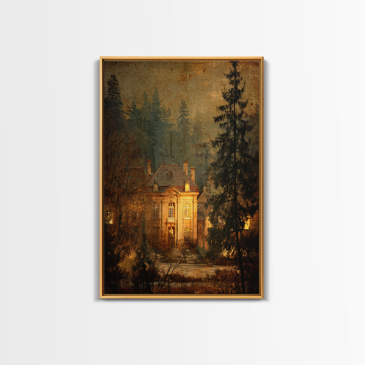 Snowy Village Landscape at Twilight Framed Canvas Print, Traditional Art, Art Print, Living Room Decor, Fine Art, Classic, TRA-2x3-51