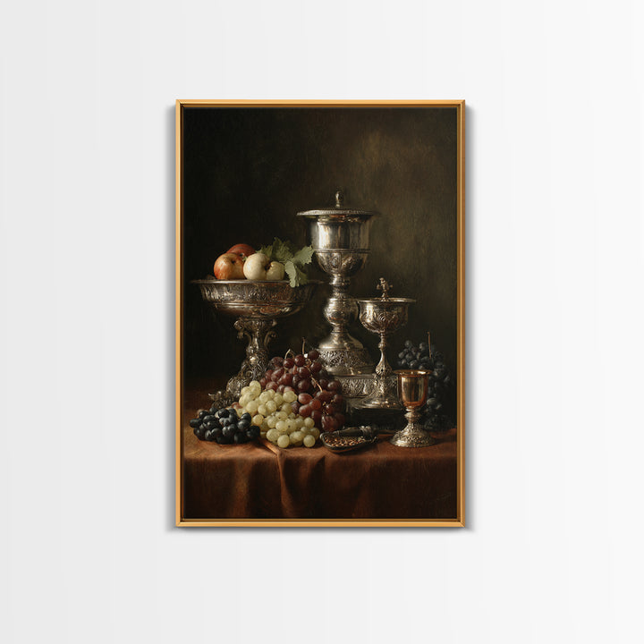 Dutch Fruit and Silver Goblet Still Life Framed Canvas Print, Traditional Art, Art Commission, Living Room Decor, Classic, TRA-2x3-60