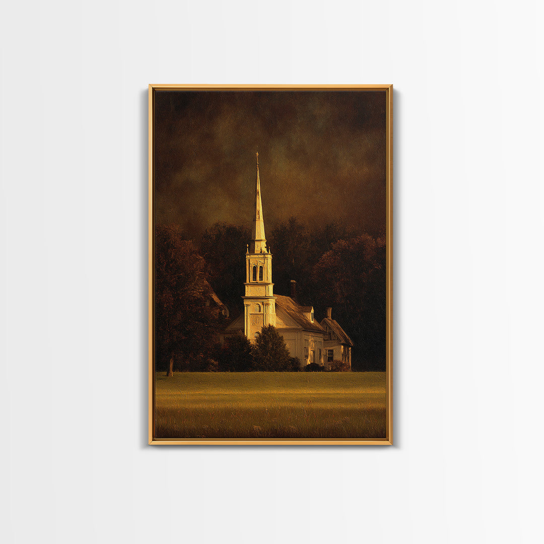Church Steeple Across Rural Meadow Framed Canvas Print, Traditional Art, Japanese Art, Living Room Decor, Fine Art, Classic, TRA-2x3-69