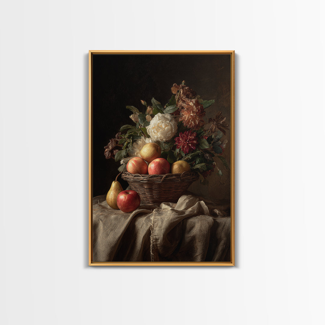 Basket of Apples and Pears on Linen Framed Canvas Print, Traditional Art, Canvas, Living Room Decor, Abstract Art, Classic, TRA-2x3-74