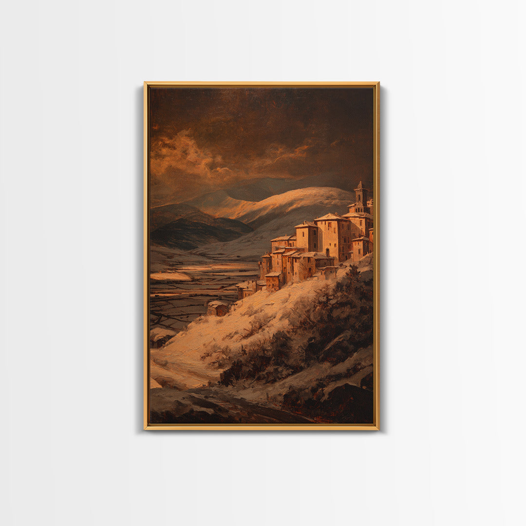 Snowy Village Landscape at Twilight Framed Canvas Print, Traditional Art, Japanese Art, Living Room Decor, Fine Art, Classic, TRA-2x3-75