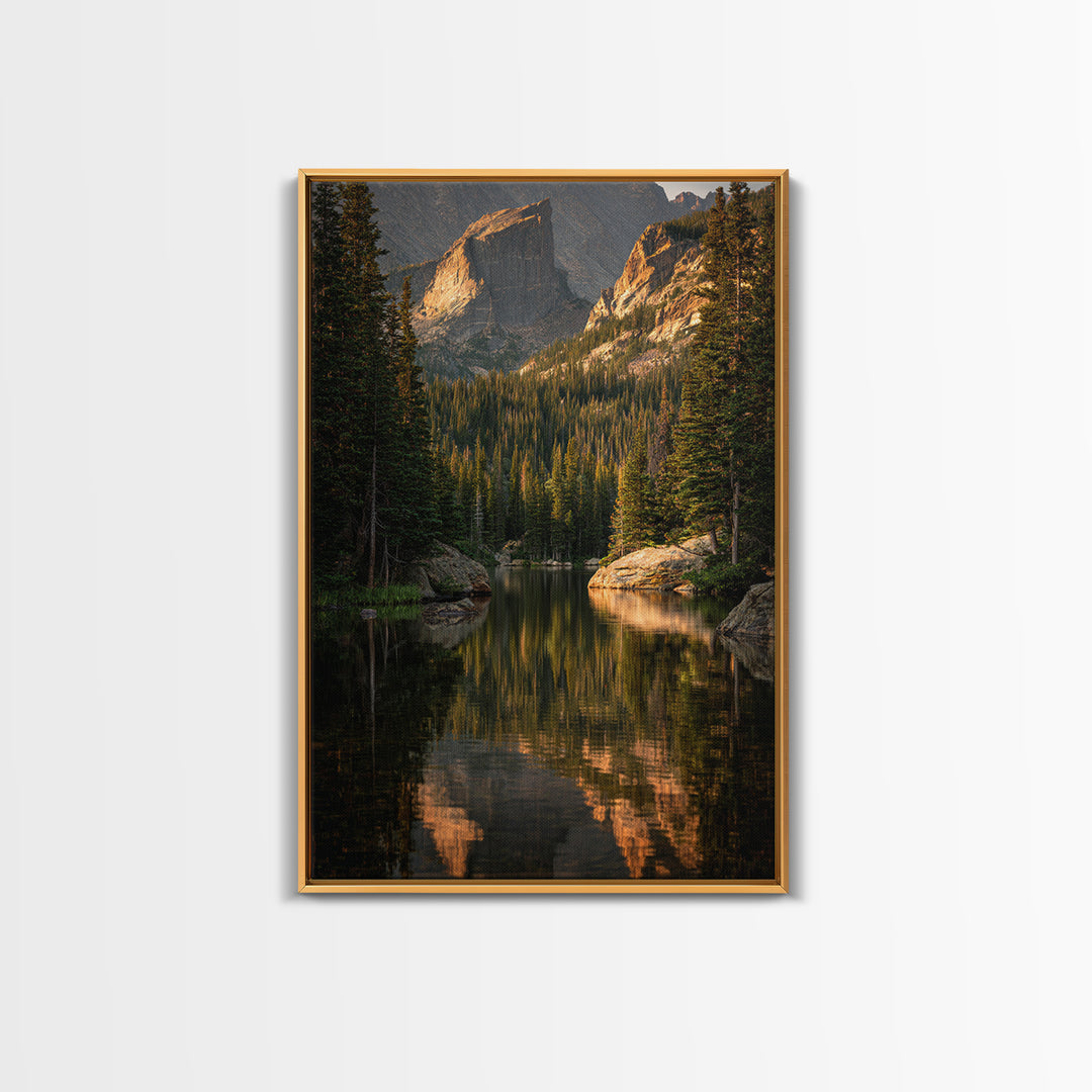 Mountain Lake with Pine Forest Reflection Framed Canvas Print, Traditional Art, Indian Wall Art, Living Room Decor, Classic, TRA-2x3-89