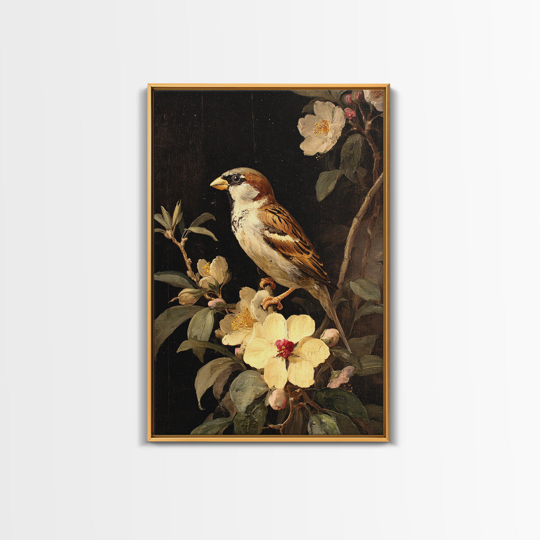 Bird Study on a Flowering Branch Framed Canvas Print, Traditional Art, Artwork, Living Room Decor, Oil Painting, Classic, TRA-2x3-90