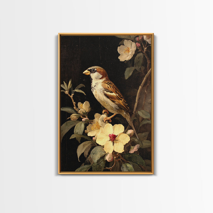 Bird Study on a Flowering Branch Framed Canvas Print, Traditional Art, Artwork, Living Room Decor, Oil Painting, Classic, TRA-2x3-90